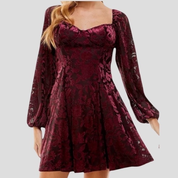 City Studio Dresses & Skirts - 90s Burnout Velvet Corset Dress S Burgundy Lace-Up Y2K Whimsigoth Fairygrunge